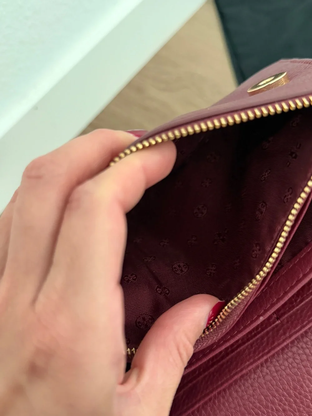 Tory Burch Burgundy Pebbled Leather Crossbody with Gold Logo Chain